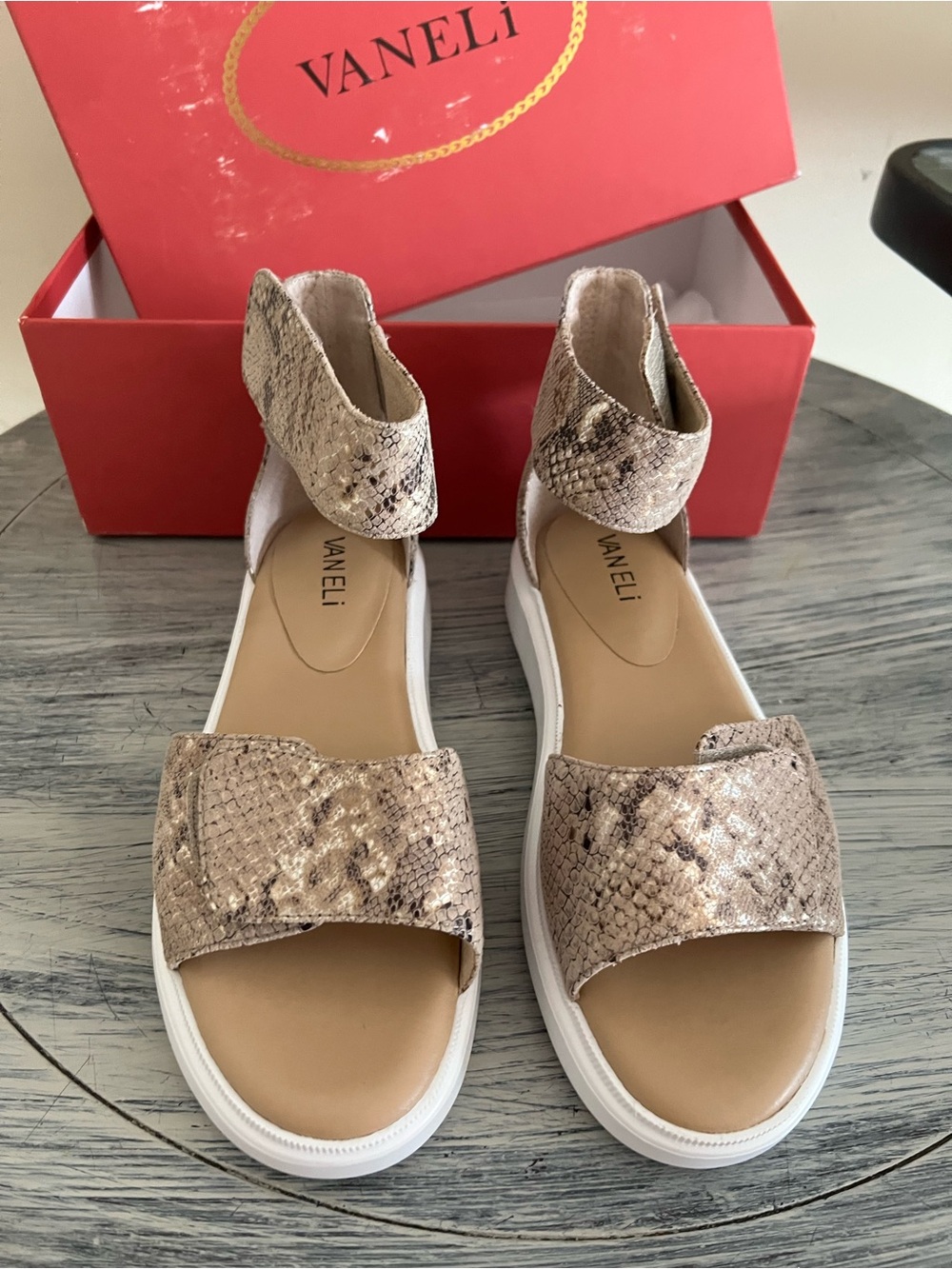 Vaneli Cloe Platform Ankle-Strap Sandals Metallic Python Print Women’s Size 7W
